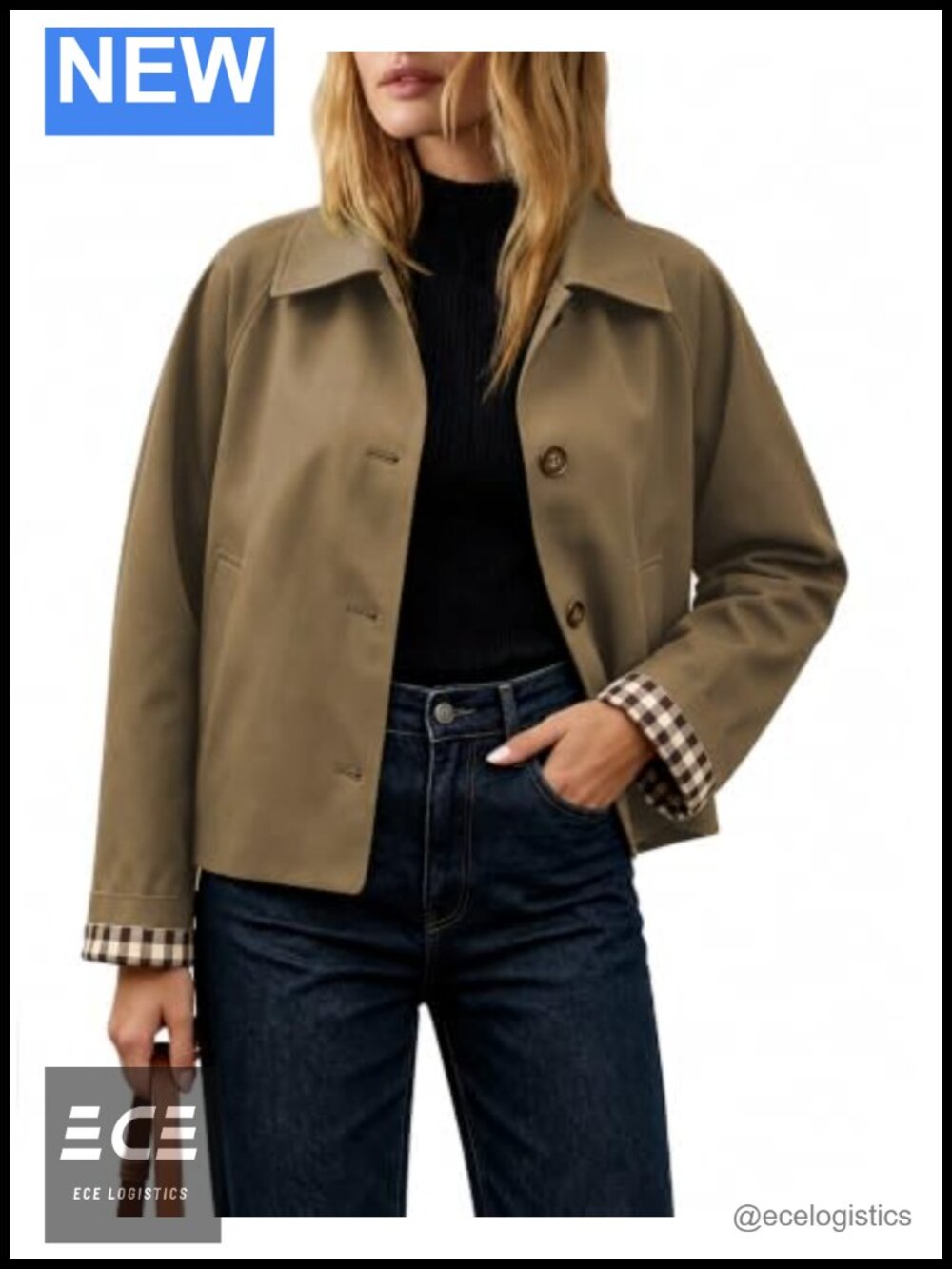 Hount Women Crop Trench Coat Button Down Jacket with Pockets